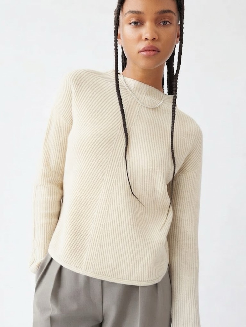 ARITZIA Babaton WOOL LINEN CHALMERS Sweater Heather Birch Ribbed Knit S Mockneck
